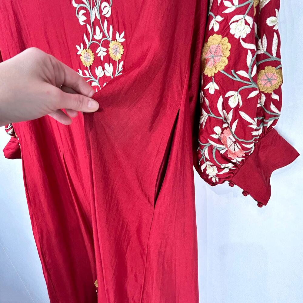 Sue Sartor Silk Moroccan Band Collar Kaftan / Maxi Dress in Cinnabar Red,  Sz L - Picture 12 of 16